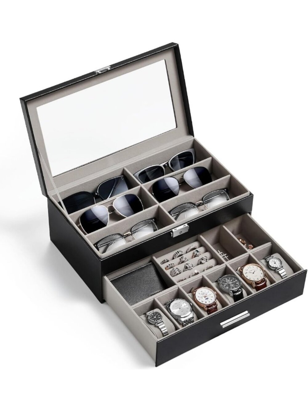 Stylish 2-Layer Sunglasses & Watch Organizer with Glass Lid Display Case, Black